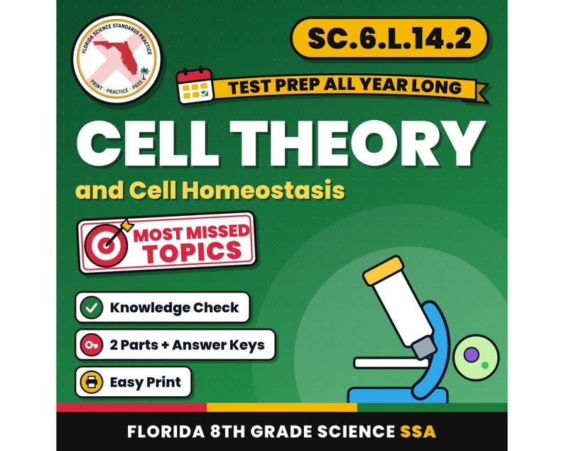 Cell Theory and Cell Homeostasis Worksheets, Florida 8th Grade Science Test Review, SC.6.L.14.2 SC.6.L.14.3, Printable Middle School Science image 1