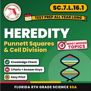 Arbeitsblätter zu Vererbung, Punnett-Quadraten und Zellteilung, Florida-Prüfungsvorbereitung für Naturwissenschaften der 8. Klasse, SC.7.L.16.1 SC.7.L.16.2 Bild 1