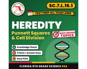 Heredity Punnett Squares and Cell Division Worksheets, Florida 8th Grade Science Test Review, SC.7.L.16.1 SC.7.L.16.2