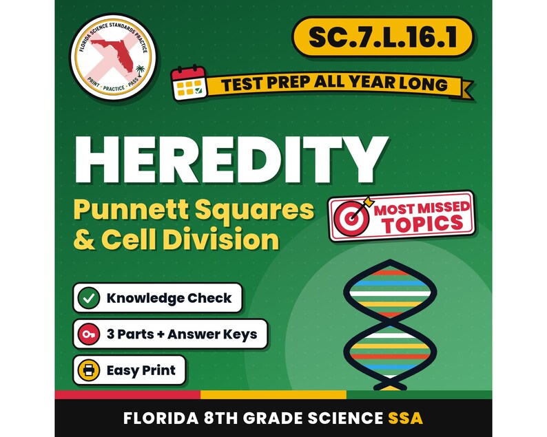Arbeitsblätter zu Vererbung, Punnett-Quadraten und Zellteilung, Florida-Prüfungsvorbereitung für Naturwissenschaften der 8. Klasse, SC.7.L.16.1 SC.7.L.16.2 Bild 1