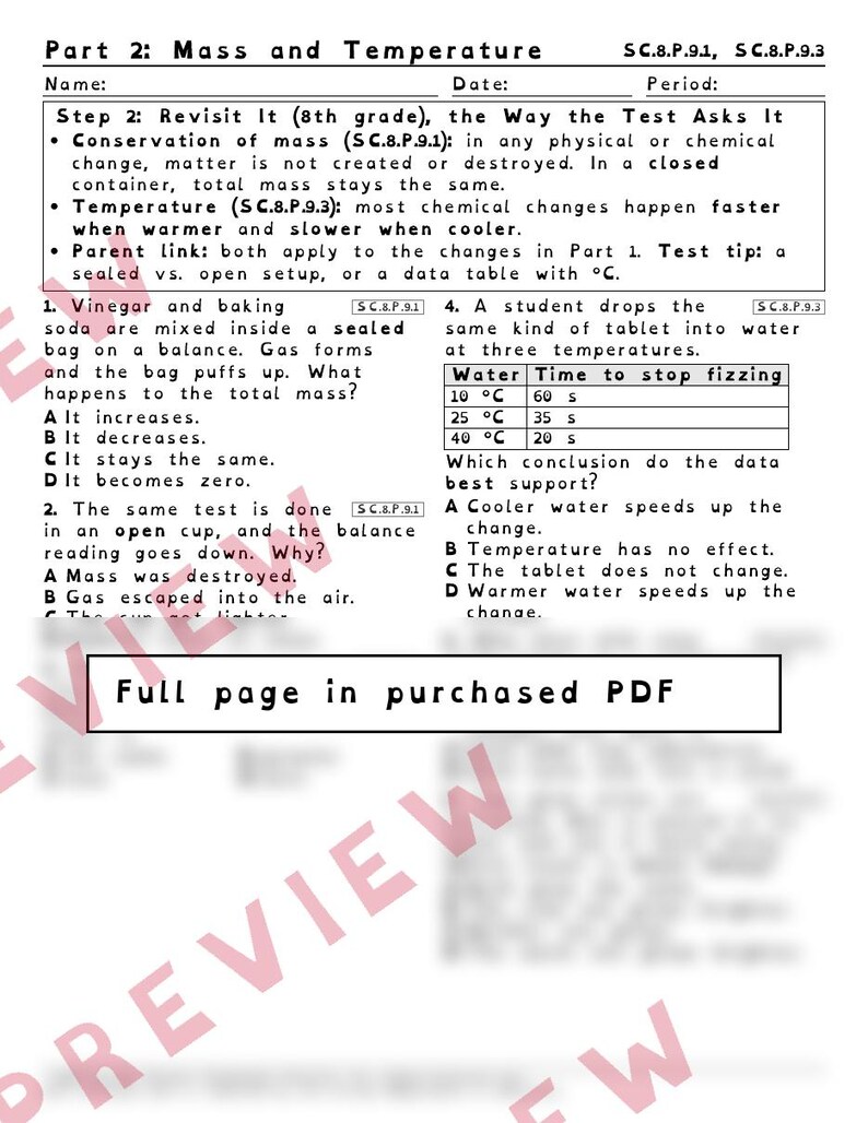 Hojas de trabajo sobre cambios físicos y químicos y conservación de la masa, repaso para el examen de ciencias de 8.º grado de Florida, SC.8.P.9.2 SC.8.P.9.1 imagen 3