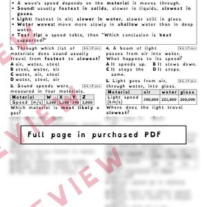 May include: A seventh-grade science worksheet titled Part 1: Waves Change Speed, featuring educational text about wave speed, multiple-choice questions, and data tables regarding sound and light speed in various materials, with a watermark.