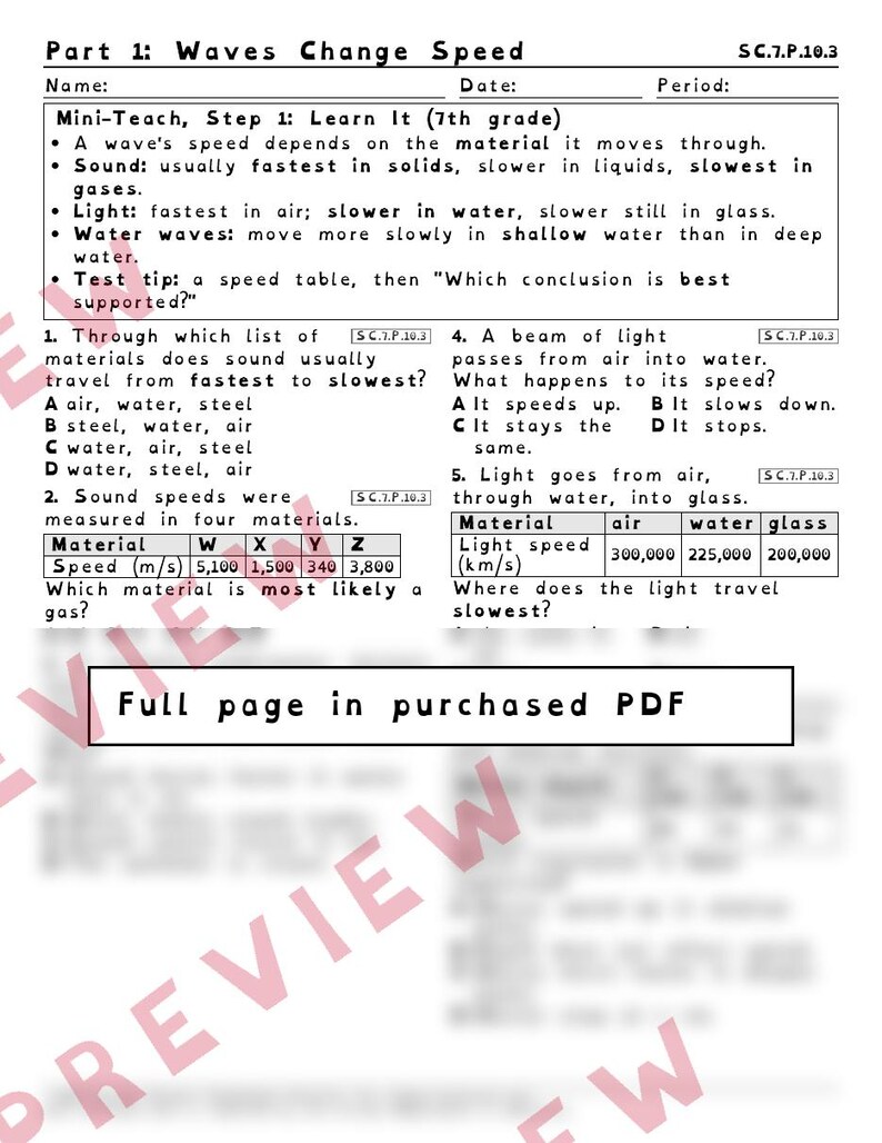May include: A seventh-grade science worksheet titled Part 1: Waves Change Speed, featuring educational text about wave speed, multiple-choice questions, and data tables regarding sound and light speed in various materials, with a watermark.