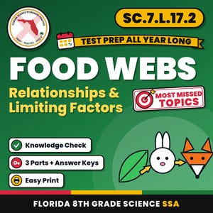 Food Webs Relationships and Limiting Factors Worksheets, Florida 8th Grade Science Test Review, SC.7.L.17.2 SC.7.L.17.1 image 1