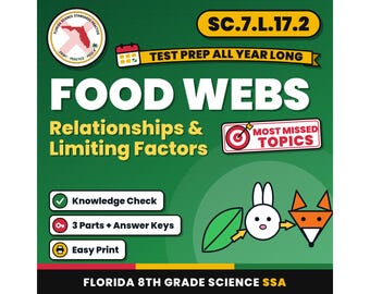 Food Webs Relationships and Limiting Factors Worksheets, Florida 8th Grade Science Test Review, SC.7.L.17.2 SC.7.L.17.1