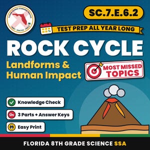 Arbetsblad om bergcykellandformer och mänsklig påverkan, Floridas repetitionsprov i naturvetenskap för årskurs 8, SC.7.E.6.2 SC.6.E.6.1 bild 1