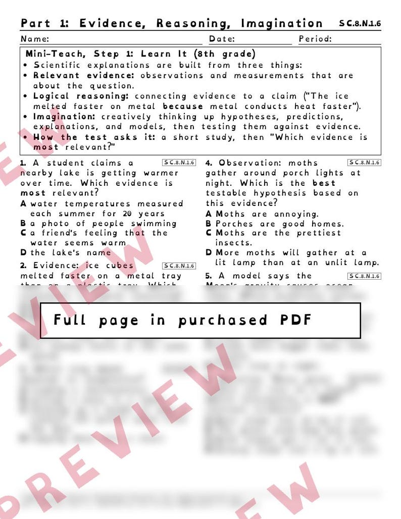 Werkbladen over hoe wetenschap bewijs en redenering verandert, Florida 8e klas wetenschapstoets review, SC.6.N.2.2 SC.7.N.1.6 afbeelding 2