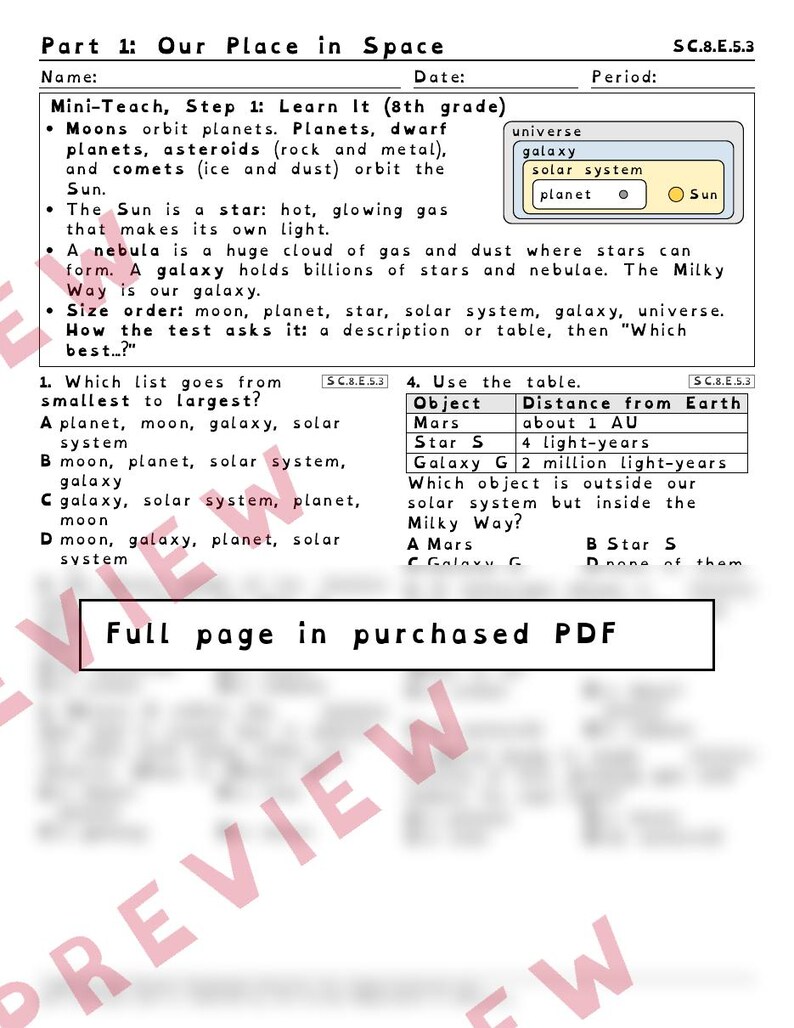Our Place in Space Galaxies and Light-Years Worksheets, Florida 8th Grade Science Test Review, SC.8.E.5.3 SC.8.E.5.1 image 2