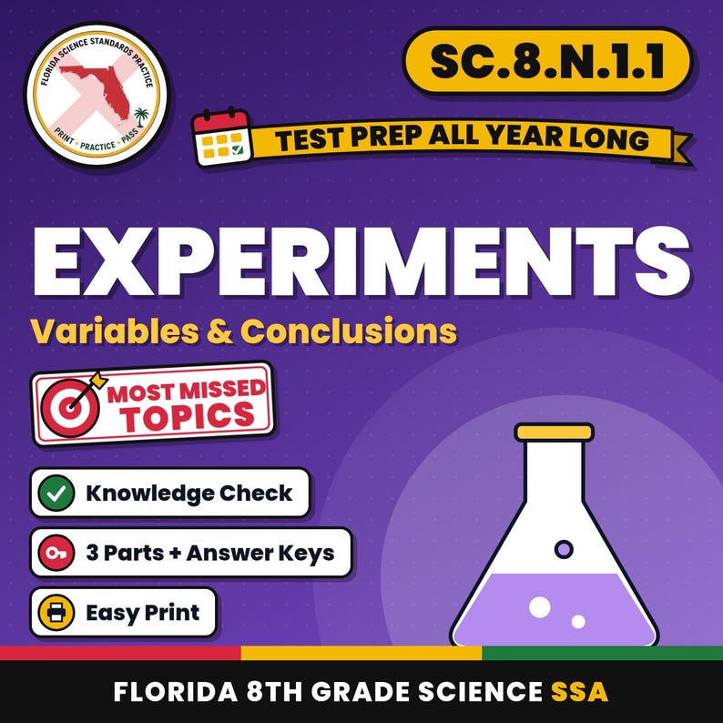 Nature of Science Bundle, Florida 8th Grade Science Test Review Worksheets, Grades 6-8, Printable Middle School Science, 5 Knowledge Checks image 3