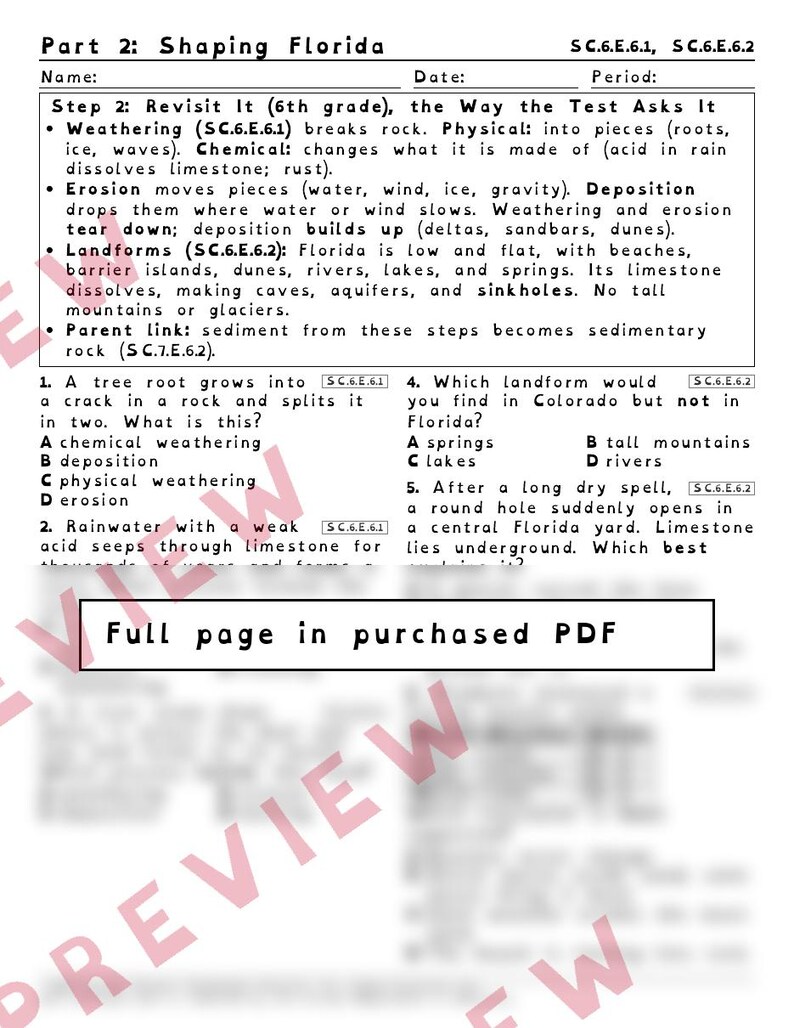Arbetsblad om bergcykellandformer och mänsklig påverkan, Floridas repetitionsprov i naturvetenskap för årskurs 8, SC.7.E.6.2 SC.6.E.6.1 bild 3