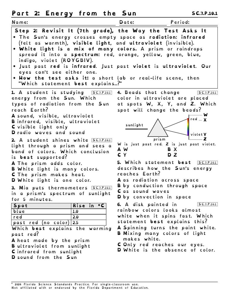 Electromagnetic Spectrum Wavelength and Frequency Worksheets, Florida 8th Grade Science Test Review, SC.8.E.5.11 SC.7.P.10.1 image 5