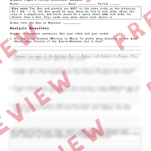 May include: A black and white educational worksheet titled Florida Science Standards Practice Version B: Hallway Model Page 2. It includes fields for name, date, period, and analysis questions regarding the scale of the Sun and planets.
