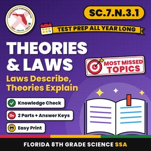 Theories and Laws Laws Describe, Theories Explain Worksheets, Florida 8th Grade Science Test Review, SC.7.N.3.1 SC.6.N.3.1 image 1