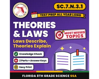 Theories and Laws Laws Describe, Theories Explain Worksheets, Florida 8th Grade Science Test Review, SC.7.N.3.1 SC.6.N.3.1