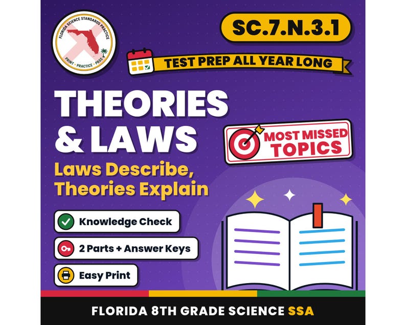Theories and Laws Laws Describe, Theories Explain Worksheets, Florida 8th Grade Science Test Review, SC.7.N.3.1 SC.6.N.3.1 image 1