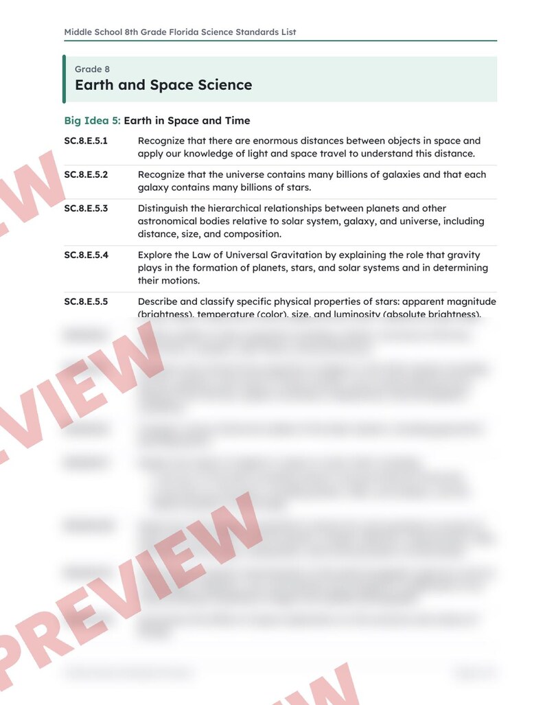 8th Grade Florida Science Standards List, Middle School NGSSS Benchmarks Printable, Lesson Planning, Teacher Binder, 8th Grade Science image 3