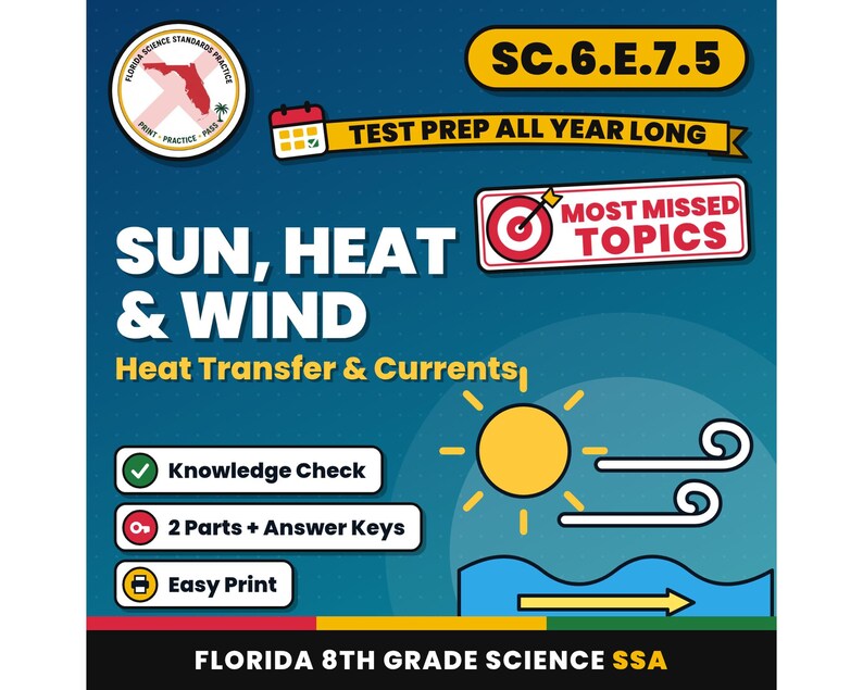 Sonne, Wärme und Wind: Arbeitsblätter zu Wärmetransport und Strömungen, Florida-Wissenschaftstest für die 8. Klasse, SC.6.E.7.5 SC.6.E.7.1 Bild 1