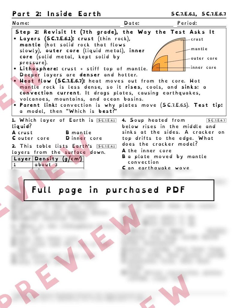 Plate Tectonics and Earth's Layers Worksheets, Florida 8th Grade Science Test Review, SC.7.E.6.5 SC.7.E.6.1, Printable Middle School Science image 3