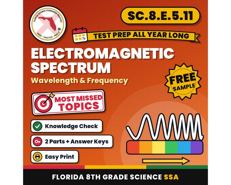Electromagnetic Spectrum Wavelength and Frequency Worksheets, Florida 8th Grade Science Test Review, SC.8.E.5.11 SC.7.P.10.1 image 1