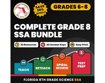 Complete Grade 8 Science Test Bundle, Florida 8th Grade Science Test Review Worksheets, Grades 6-8, Printable Middle School Science