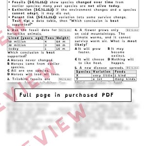 Natural Selection Fossils and Extinction Worksheets, Florida 8th Grade Science Test Review, SC.7.L.15.2 SC.7.L.15.1 image 3