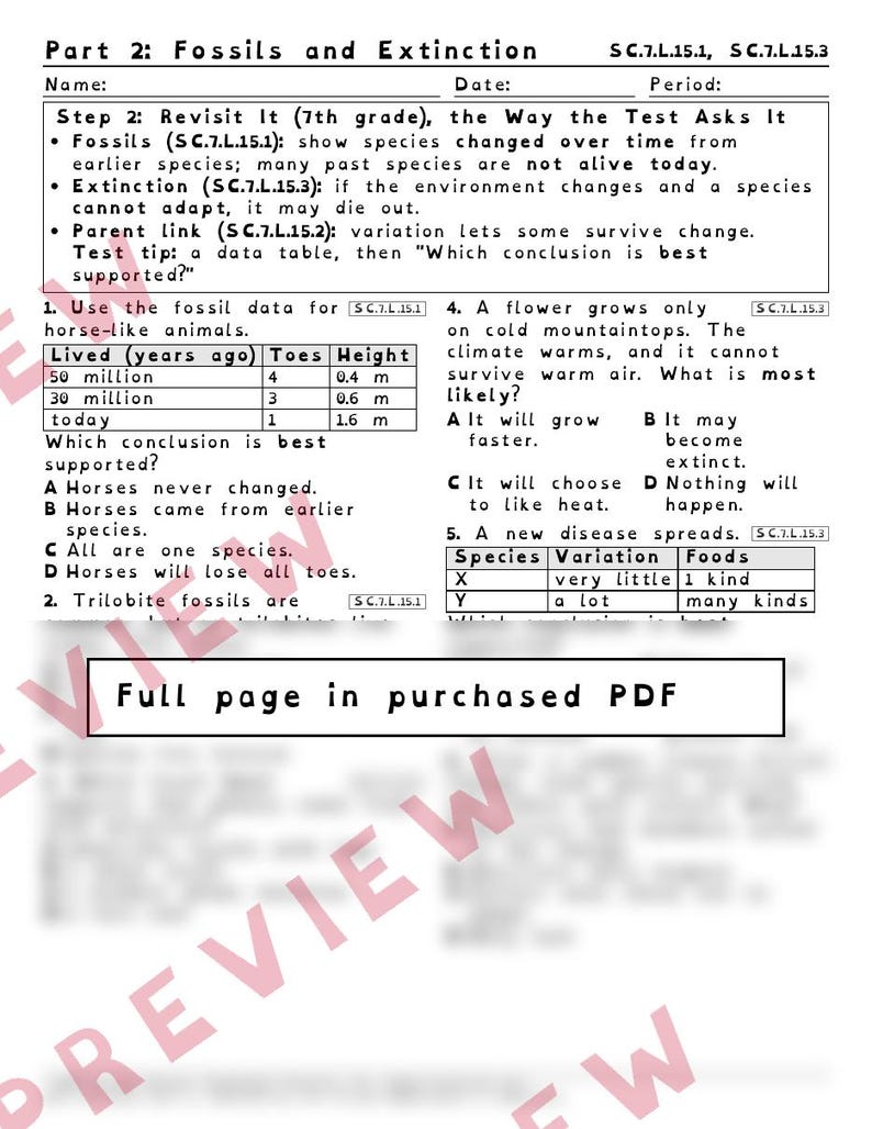 Natural Selection Fossils and Extinction Worksheets, Florida 8th Grade Science Test Review, SC.7.L.15.2 SC.7.L.15.1 image 3
