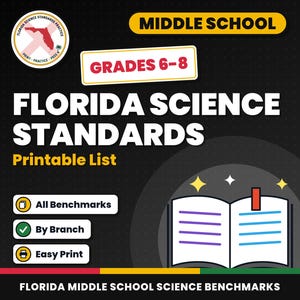 Florida Science Standards List Grades 6, 7 and 8, Middle School NGSSS Benchmarks Printable, Lesson Planning, Teacher Binder image 1
