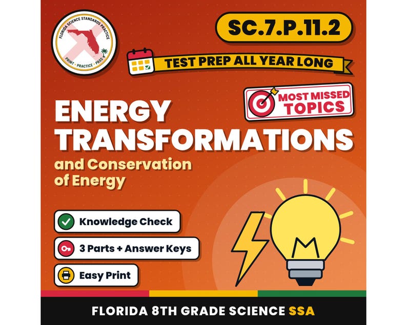 Energy Transformations and Conservation of Energy Worksheets, Florida 8th Grade Science Test Review, SC.7.P.11.2 SC.6.P.11.1 image 1