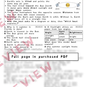 Sun, Earth and Moon Seasons, Tides and Eclipses Worksheets, Florida 8th Grade Science Test Review, SC.8.E.5.9 image 2