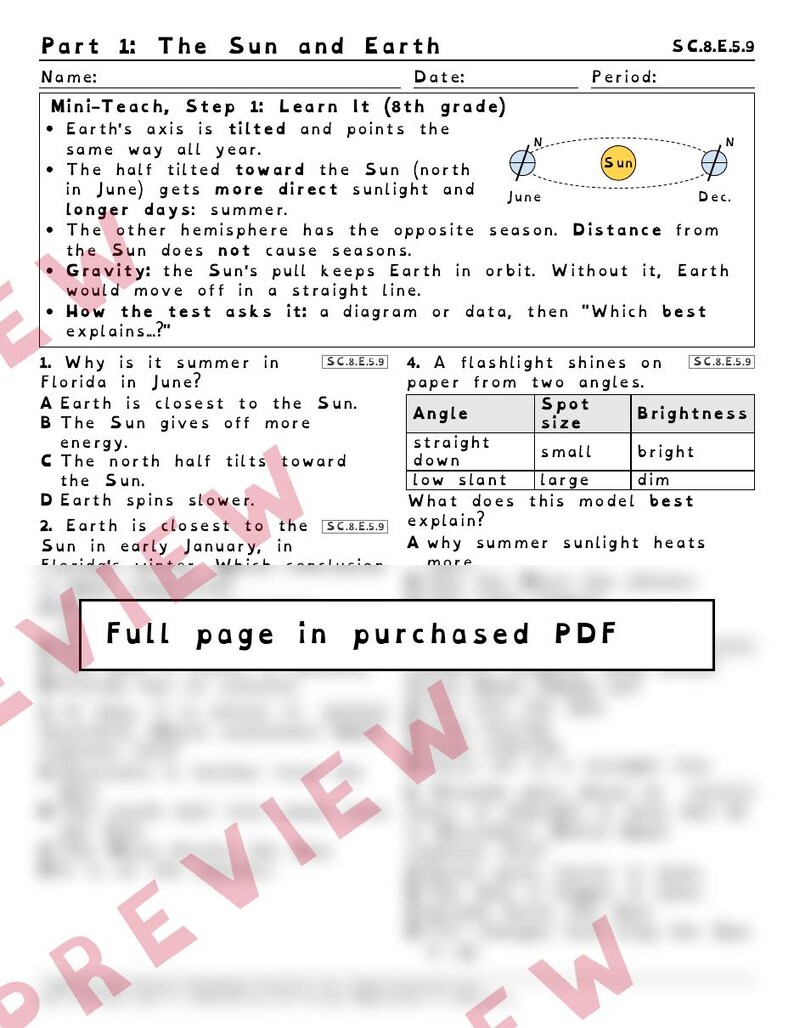 Sun, Earth and Moon Seasons, Tides and Eclipses Worksheets, Florida 8th Grade Science Test Review, SC.8.E.5.9 image 2
