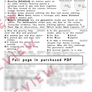 May include: A black and white educational worksheet titled Part 2: Gravity and Models, featuring text about gravity, geocentric and heliocentric models, and multiple-choice questions. A large watermark reads Full page in purchased PDF.