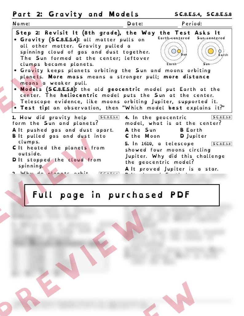 May include: A black and white educational worksheet titled Part 2: Gravity and Models, featuring text about gravity, geocentric and heliocentric models, and multiple-choice questions. A large watermark reads Full page in purchased PDF.