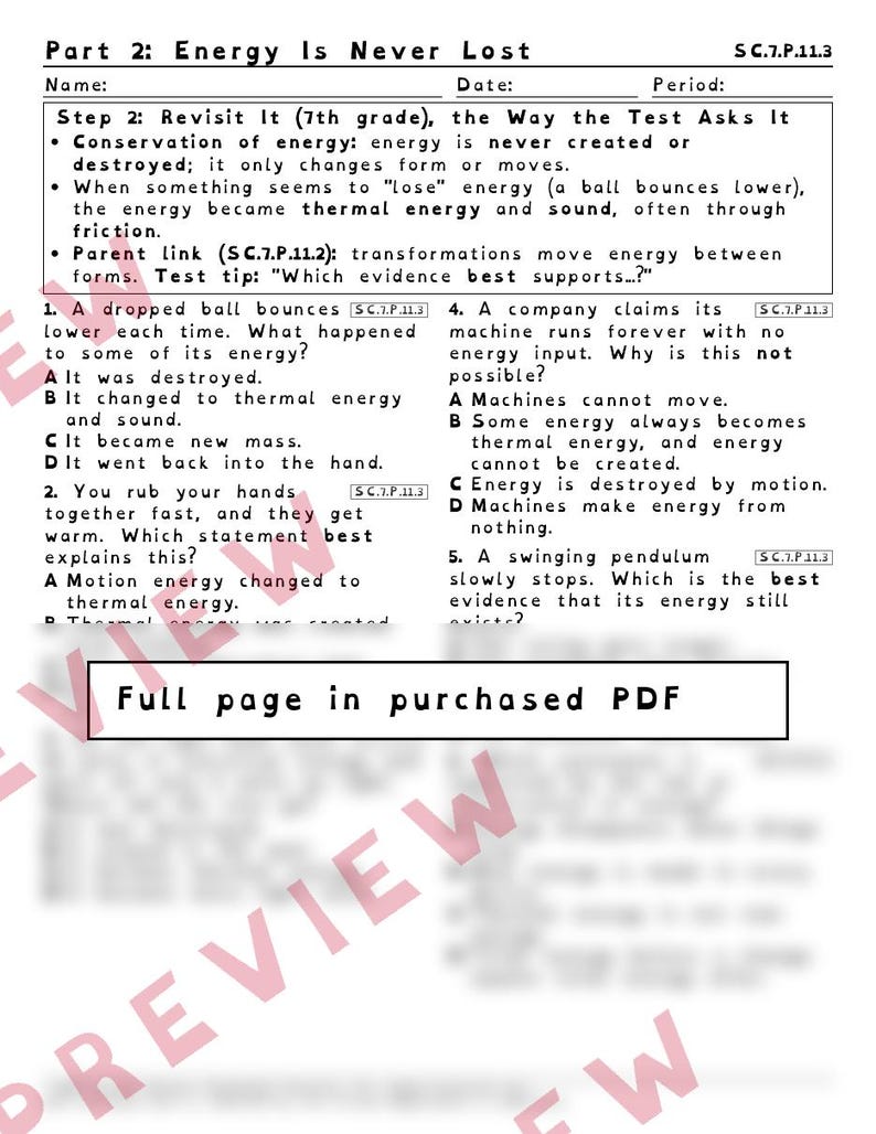 Energy Transformations and Conservation of Energy Worksheets, Florida 8th Grade Science Test Review, SC.7.P.11.2 SC.6.P.11.1 image 3