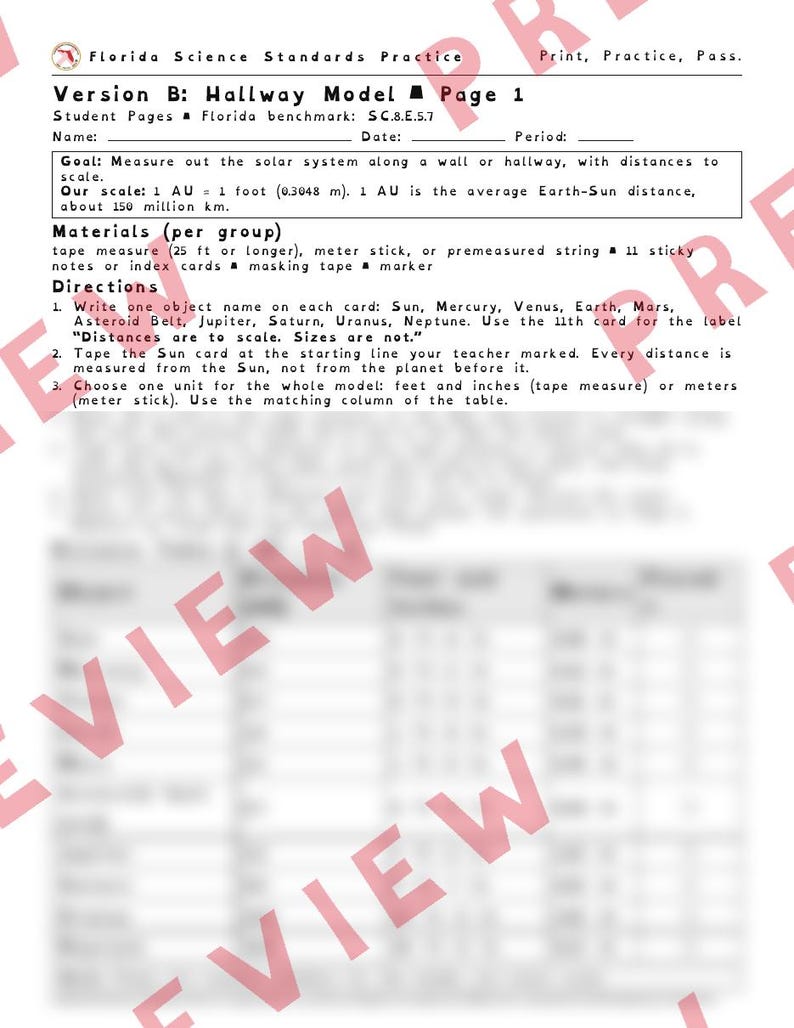 May include: A white educational worksheet titled Florida Science Standards Practice Version B: Hallway Model Page 1. It includes instructions for creating a solar system model, listing materials, goals, and a data table for student use.