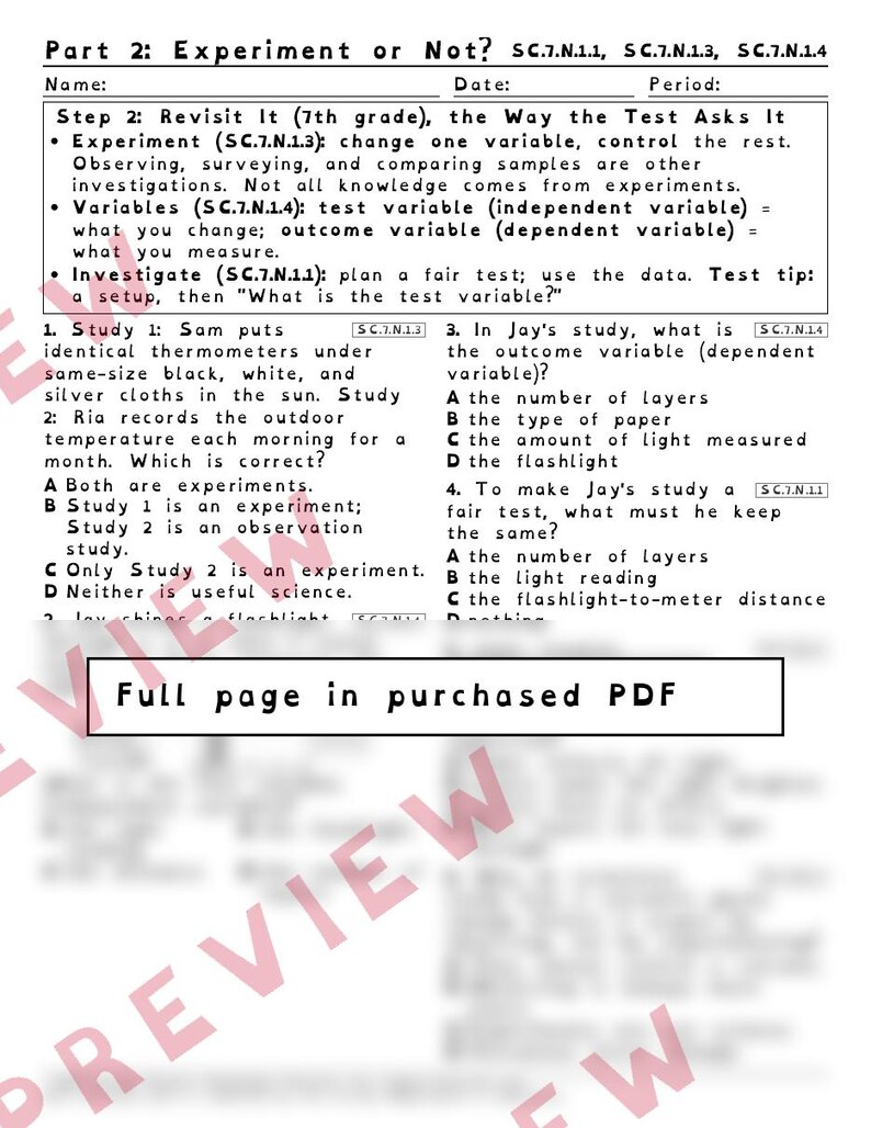 Experiments Variables and Conclusions Worksheets, Florida 8th Grade Science Test Review, SC.8.N.1.1 SC.6.N.1.1 image 3