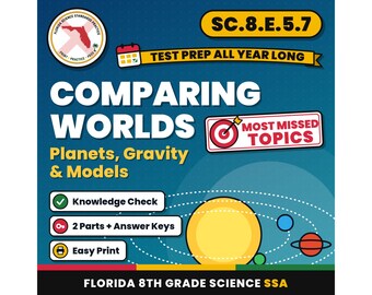 Comparing Worlds Planets, Gravity and Models Worksheets, Florida 8th Grade Science Test Review, SC.8.E.5.7 SC.8.E.5.4