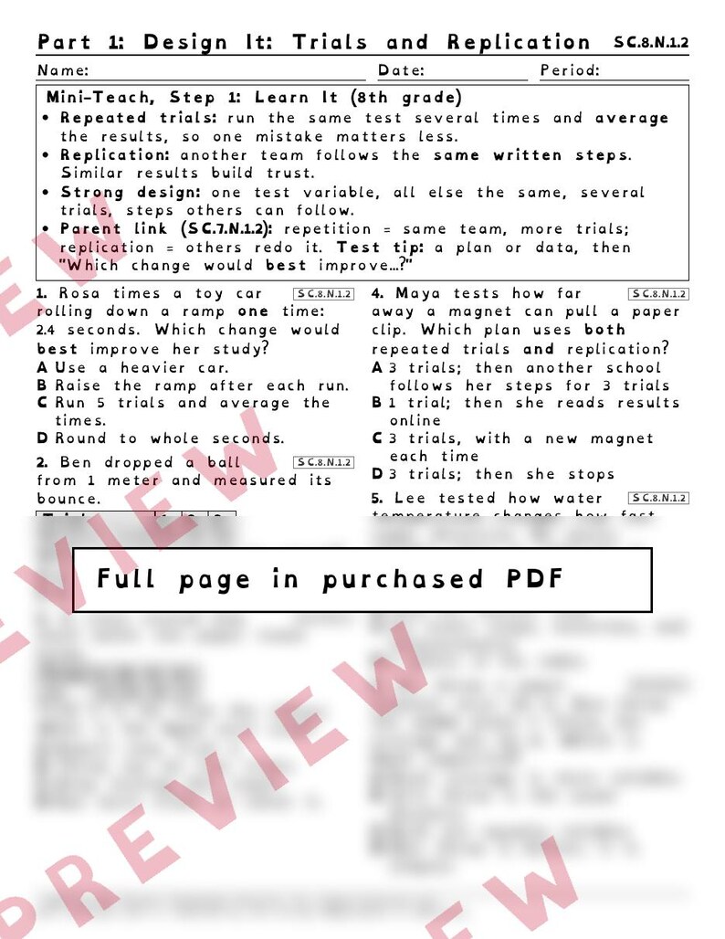 Repeated Trials and Replication Worksheets, Florida 8th Grade Science Test Review, SC.7.N.1.2 SC.6.N.1.2, Printable Middle School Science image 2