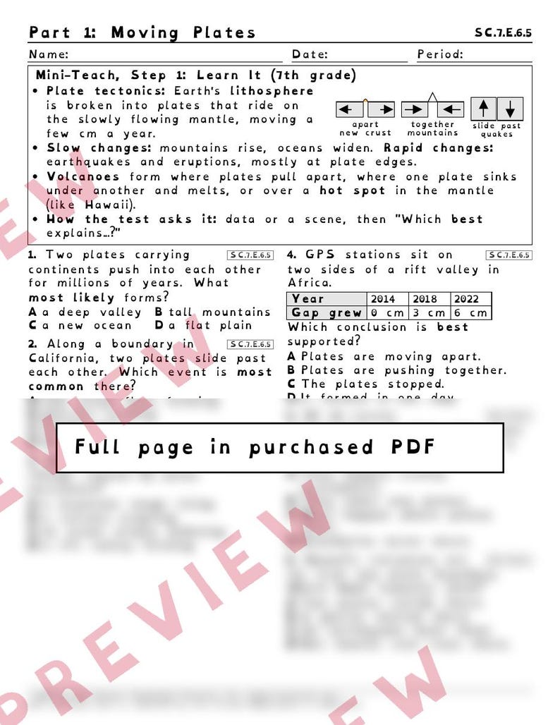 Plate Tectonics and Earth's Layers Worksheets, Florida 8th Grade Science Test Review, SC.7.E.6.5 SC.7.E.6.1, Printable Middle School Science image 2