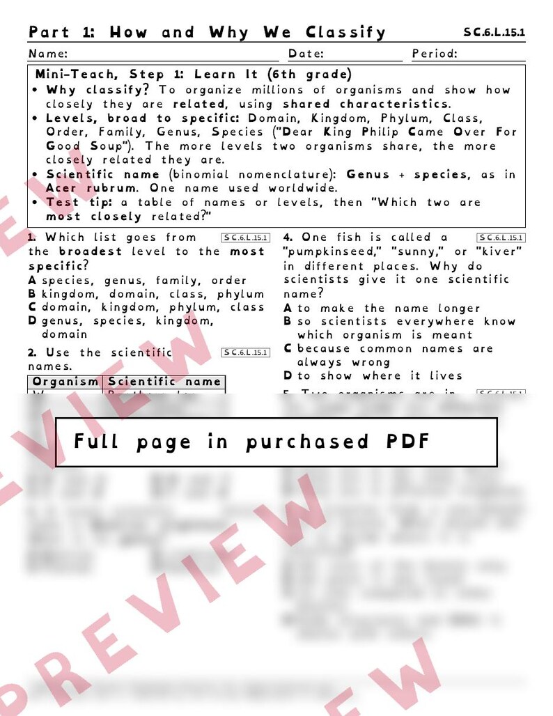 Classification Domains and Kingdoms Worksheets, Florida 8th Grade Science Test Review, SC.6.L.15.1, Printable Middle School Science image 2