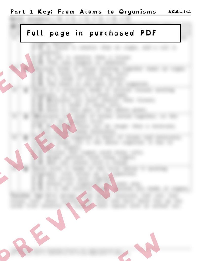 May include: A document page titled Part 1 Key: From Atoms to Organisms with the code SC.6.L.14.1 at the top right. A central box contains the text Full page in purchased PDF. The background features blurred text and a large diagonal watermark.