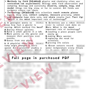 May include: An 8th grade science worksheet titled Part 1: Methods and Technology. It includes sections on methods by field and technology, followed by multiple-choice questions about geology, physics, and astronomy, with a large watermark reading Full page in purchased PDF.