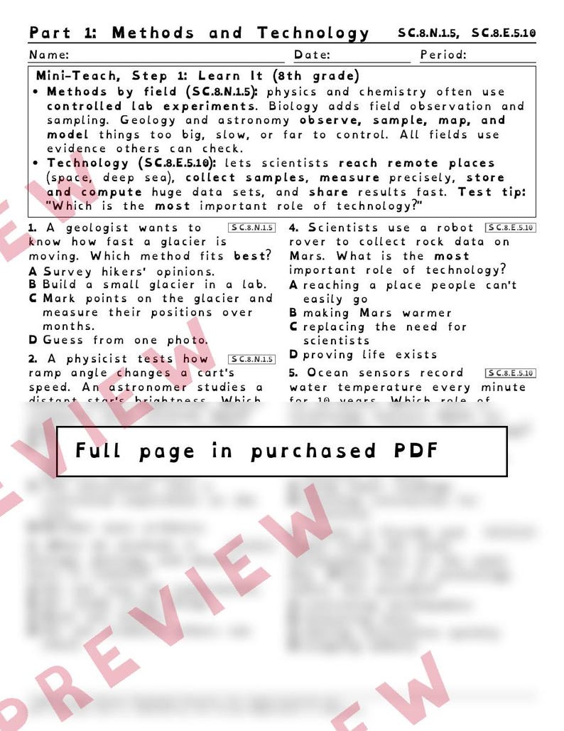 May include: An 8th grade science worksheet titled Part 1: Methods and Technology. It includes sections on methods by field and technology, followed by multiple-choice questions about geology, physics, and astronomy, with a large watermark reading Full page in purchased PDF.