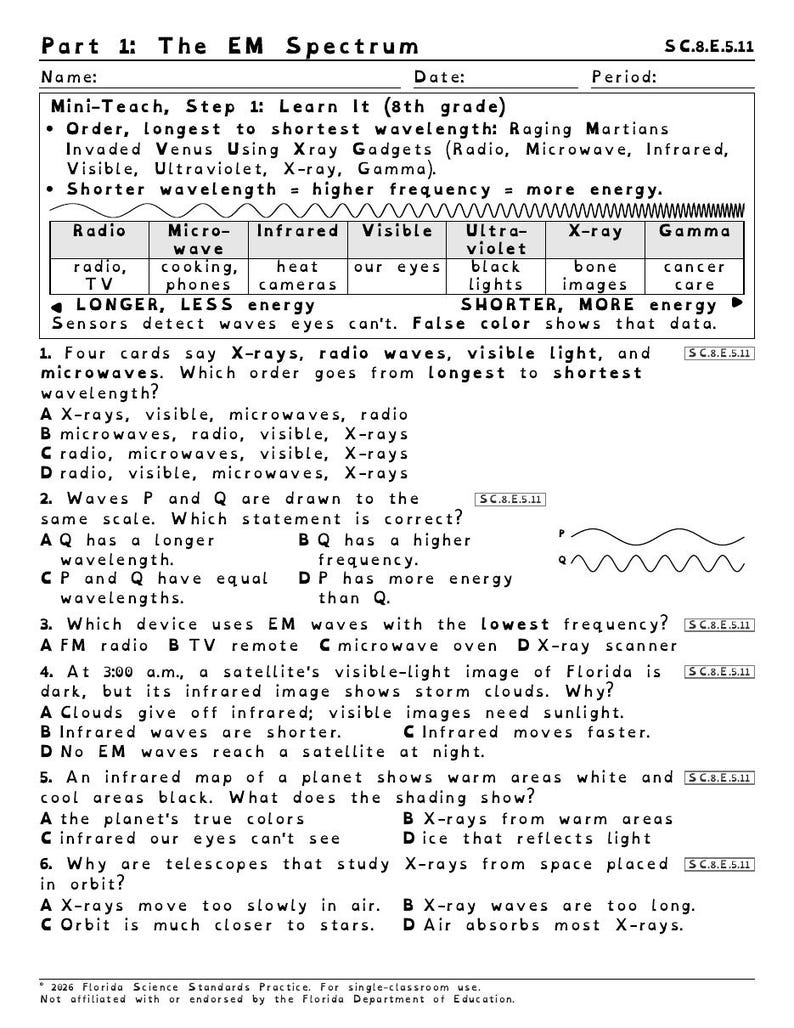 Electromagnetic Spectrum Wavelength and Frequency Worksheets, Florida 8th Grade Science Test Review, SC.8.E.5.11 SC.7.P.10.1 image 3