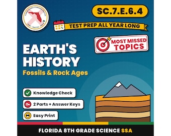 Earth's History Fossils and Rock Ages Worksheets, Florida 8th Grade Science Test Review, SC.7.E.6.4 SC.7.E.6.3