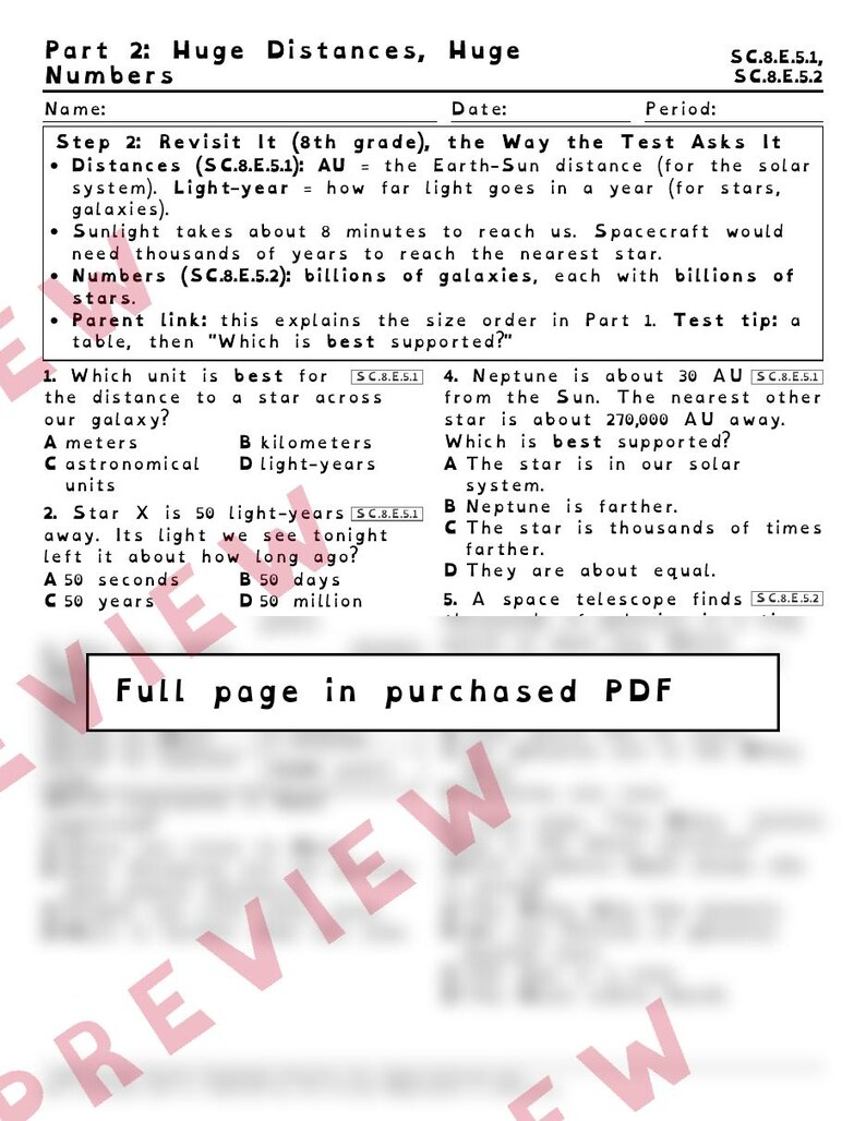 Our Place in Space Galaxies and Light-Years Worksheets, Florida 8th Grade Science Test Review, SC.8.E.5.3 SC.8.E.5.1 image 3