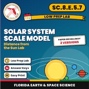 May include: A digital educational resource titled Solar System Scale Model Distance from the Sun Lab SC.8.E.5.7. The graphic features a yellow sun, orbiting planets, and text labels including Low Prep Lab, Answer Keys, and Easy Print.