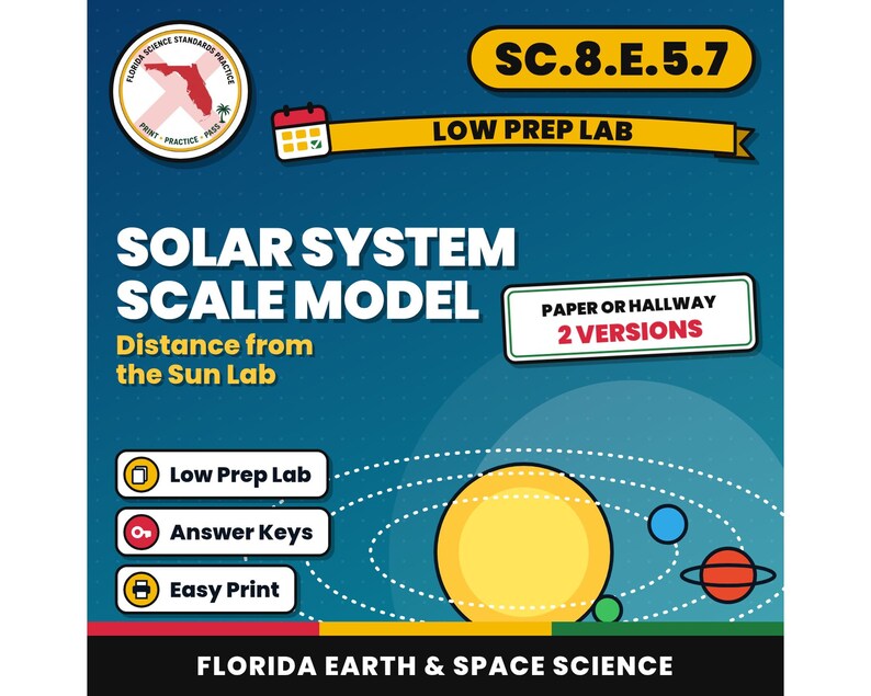 May include: A digital educational resource titled Solar System Scale Model Distance from the Sun Lab SC.8.E.5.7. The graphic features a yellow sun, orbiting planets, and text labels including Low Prep Lab, Answer Keys, and Easy Print.