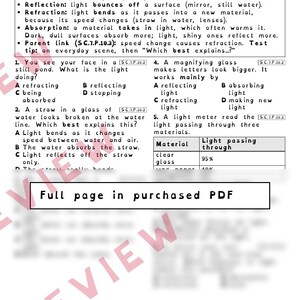 May include: A black and white educational science worksheet titled Part 2: Reflect, Refract, Absorb, featuring multiple-choice questions about light properties, including definitions and a table showing light transmission percentages through materials.