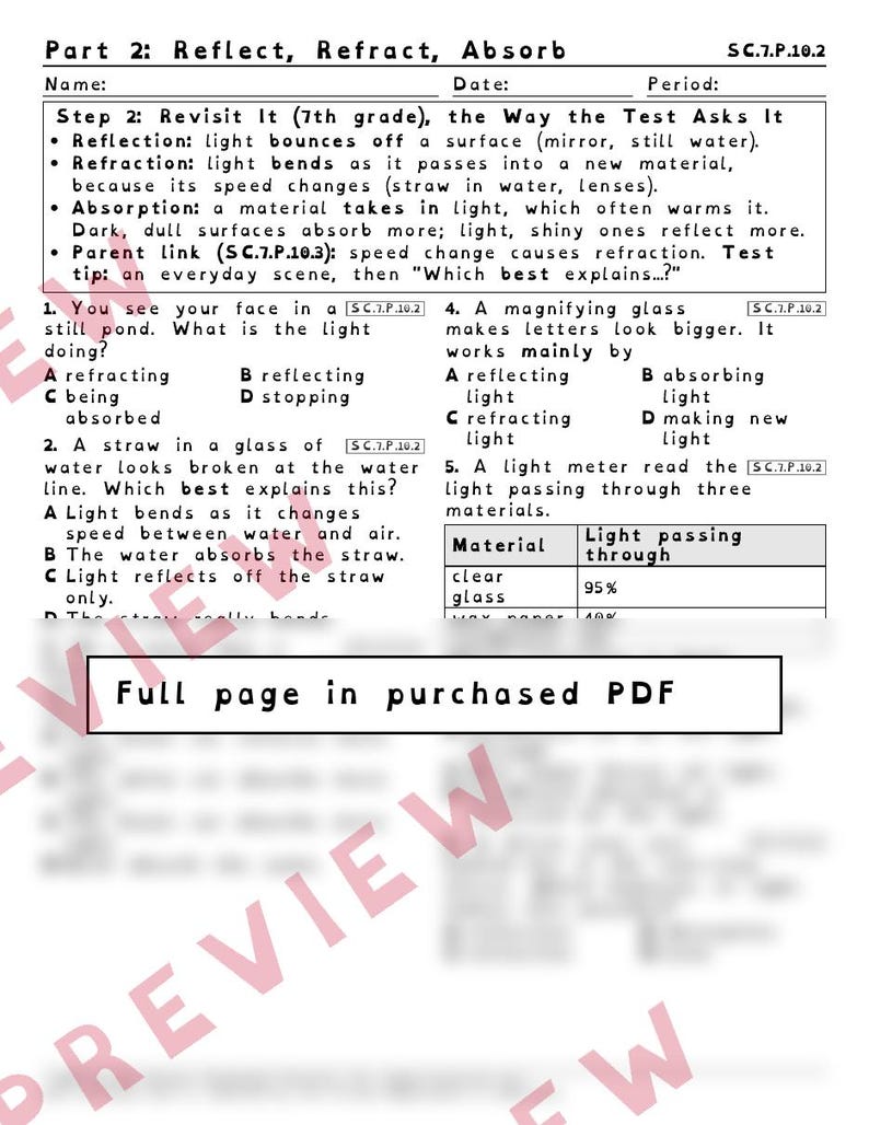 May include: A black and white educational science worksheet titled Part 2: Reflect, Refract, Absorb, featuring multiple-choice questions about light properties, including definitions and a table showing light transmission percentages through materials.