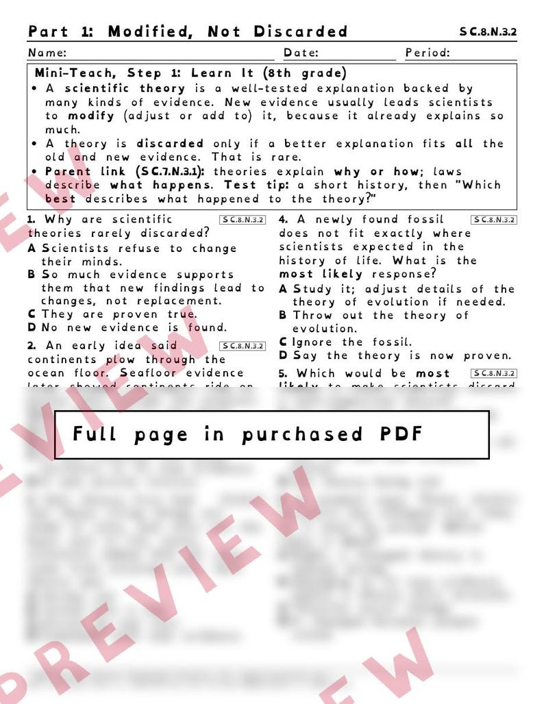 Theories and Laws Laws Describe, Theories Explain Worksheets, Florida 8th Grade Science Test Review, SC.7.N.3.1 SC.6.N.3.1 image 2